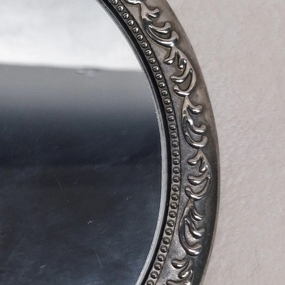 Ornate Silver-Tone Floral Metal Handheld Vanity Mirror Approx. 9 in